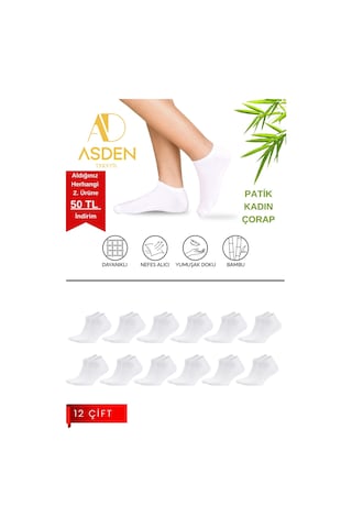 Asden Bambu Kadın Patik Çorap Beyaz 12'li, Dikişsiz, Soft Yıkamalı, Premium 12 Çift Beyaz