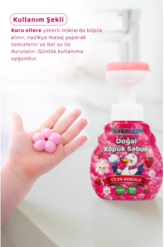 Baby Icon Doğal Çocuk Köpük El Sabunu 350 Ml Çilek Kokulu Lavanta Aynısefa Vegan Parabensiz Çiçek Şekilli Pembe Köpük
