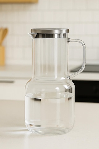 Isıya Dayanıklı Cam Sürahi 1.8 Litre Şeffaf Lüks Karaf Borosilikat Metal Silikon Kapaklı