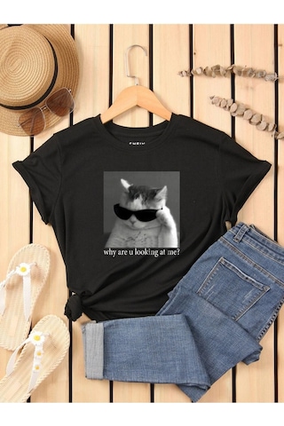 Altamira Unisex Kedi Gözlük Baskılı Oversize T-shirt 001
