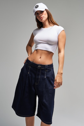it's basic Kadın İndigo Renk 7s5-50 Skater Fit Maxi Boy Bol Kesim %100 Koton Denim Bermuda Şort