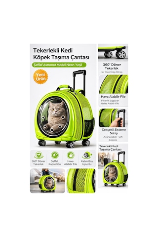 Jumbo Fileli Tekerlekli Kedi Köpek Taşıma Çantası 45 X 50 X 27 Cm Neon Yeşil 15 Kg