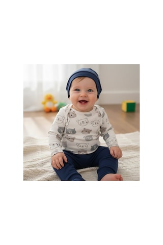 Babysena Ayıcık Desenli Erkek Bebek Bodyli 3 Lü Takım Lacivert