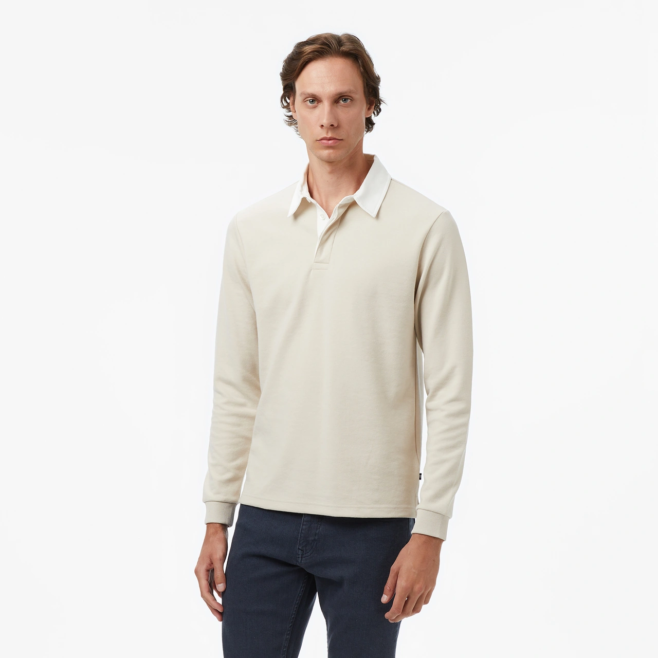 Nautica Erkek Bej Classic Fit Uzun Kollu Polo Yaka T-shirt Düz K57011t Bej