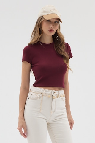 Urbantrendstore Kadın Bisiklet Yaka Likralı Kısa Kol Body Crop Bluz Günlük Şık Sade Yazlık Casual Crop Kadın Crop Bordo