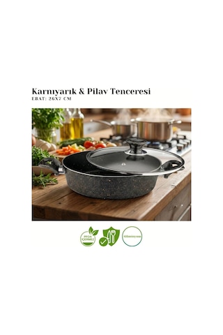 26 Cm Granit Karnıyarık & Pilav Tenceresi Cam Kapak - Siyah Siyah