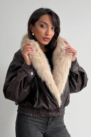 Verymoda Yakası Kürklü Kruvaze Deri Mont F2050 Kahve
