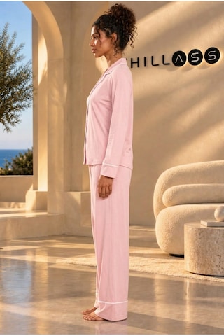 Chıllass Kadın Pamuklu Uzun Kollu Pijama Takımı Önden Düğmeli Pembe Pembe