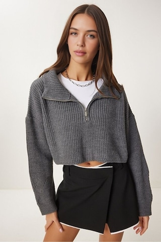 Cloudy Kids Kadın Oversize Fermuarlı Crop Triko Kazak Günlük Kullanım Mevsimlik Antrasit - 607293446 Antrasit