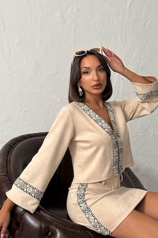 Verymoda Şerit Detaylı Scuba Süet Fermuarlı Ceket F1971 Taş