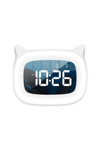 Valkyrie Çok Şirin Kedi Masaüstü Saat Şarjlı Led Işıklı Sevimli Saat Beyaz