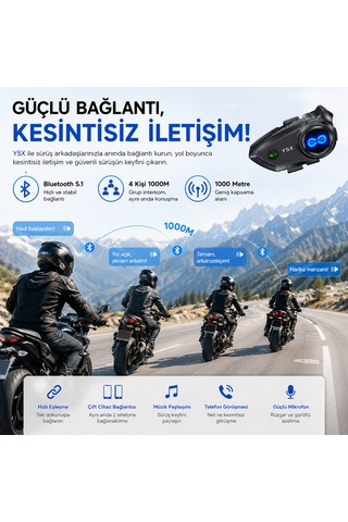 Y5x Bluetooth Kask Kulaklığı 1000 Metre İnterkom 4 Kişi Grup Konuşma Müzik Paylaşımı Mikrofonlu Motosiklet Kulaklığı