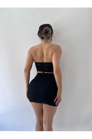 Siyah Dantel Strablez Tokalı Etekli İkili Takım Siyah