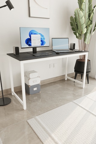 Siyah/beyaz 140x60 Çalışma Masası, Bilgisayar Masası, Ofis Masası, Metal Ayaklı Siyah Beyaz