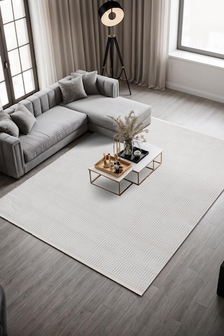 Clay Ct004a Beyaz Halı Modern Desenli Triko Akrilik Pamuk Tabanlı Kaymaz Salon Oturma Odası Halısı
