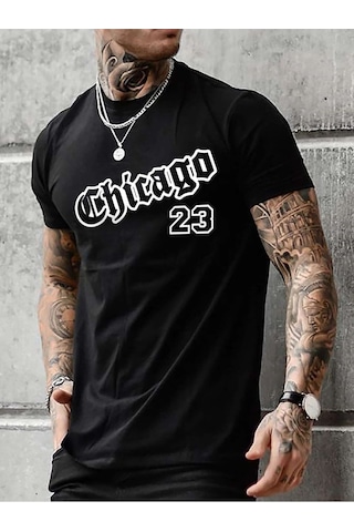Chicago 23 T-shirt - Siyah Baskılı Oversize Bisiklet Yaka Kısa Kol Tişört Siyah