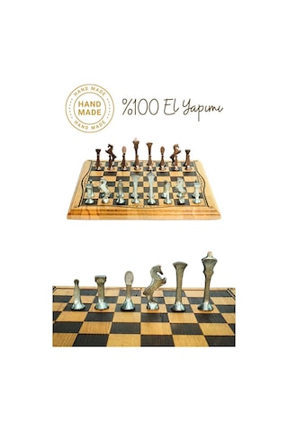 Mc52 Metal Satranç Takımı El Yapımı Doğal Ahşap Kayın Tahta Antik Metal Taşlar