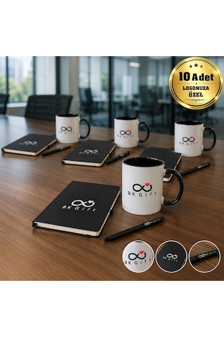 Logonuza Özel 10 Adet Siyah Defter, Metal Kalem Ve Baskılı Kupa Kurumsal Hediye Seti