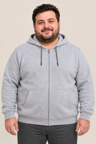 Assema Erkek Battal Büyük Beden Üç İplik İçi Şardonlu Kapüşonlu Tam Fermuarlı Kışlık Sweatshirt - Gri Çok Renkli
