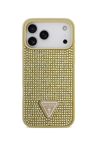 Apple Uyumlu iPhone 17 Pro Max Kılıf Guess Lisanslı Taşlı Arka Yüzey Üçgen Logolu Kapak Gold Gold