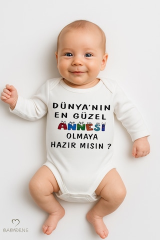 Babyden's Dünyanın En Güzel Annesi Olmaya Hazır Mısın Yazılı Uzun Kollu Bebek Body Zıbın %100 Pamuklu Çıtçıtlı Beyaz