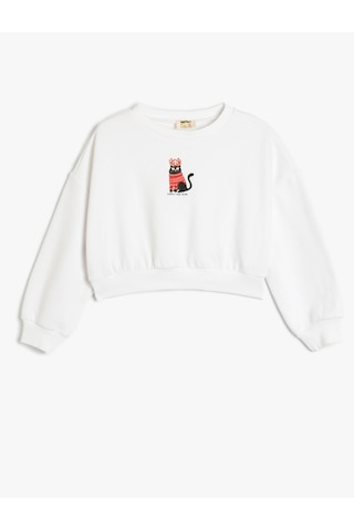 Koton Yılbaşı Temalı Sweatshirt Uzun Kollu Kedi Baskılı Bisiklet Yaka Beyaz 5wkg10544ak Beyaz