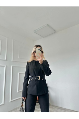 Keymoda Kadın Gold Kemerli Ceket Pantolon Takım Siyah Siyah