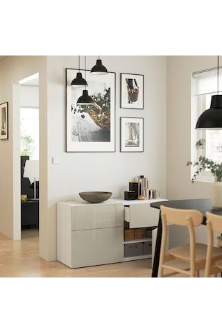 Dolap Kombinasyonu, Beyaz-parlak Cila-bej, 120x42x65 Cm, Selsvıken, Çıt Çıt Raylı Beyaz