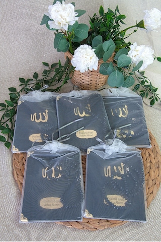 5 Adet Keseli Tesbihli İsim Baskılı Kadife Kaplı Yasin Mevlüt Kitabı Seti Hediyesi Siyah