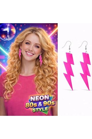80 Ler 9039lar Retro Neon Pembe Şimşek Küpe 10 Cm "