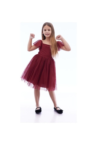 Ahengim Kız Çocuk Kare Yaka Trend Tül Elbise Ak2242 Bordo