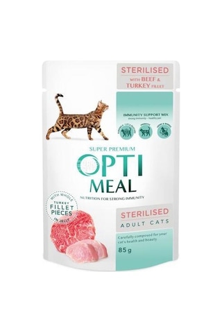 Optimeal Kısırlaştırılmış Dana Hindi Soslu Tahılsız Yetişkin Kedi Maması 85 G