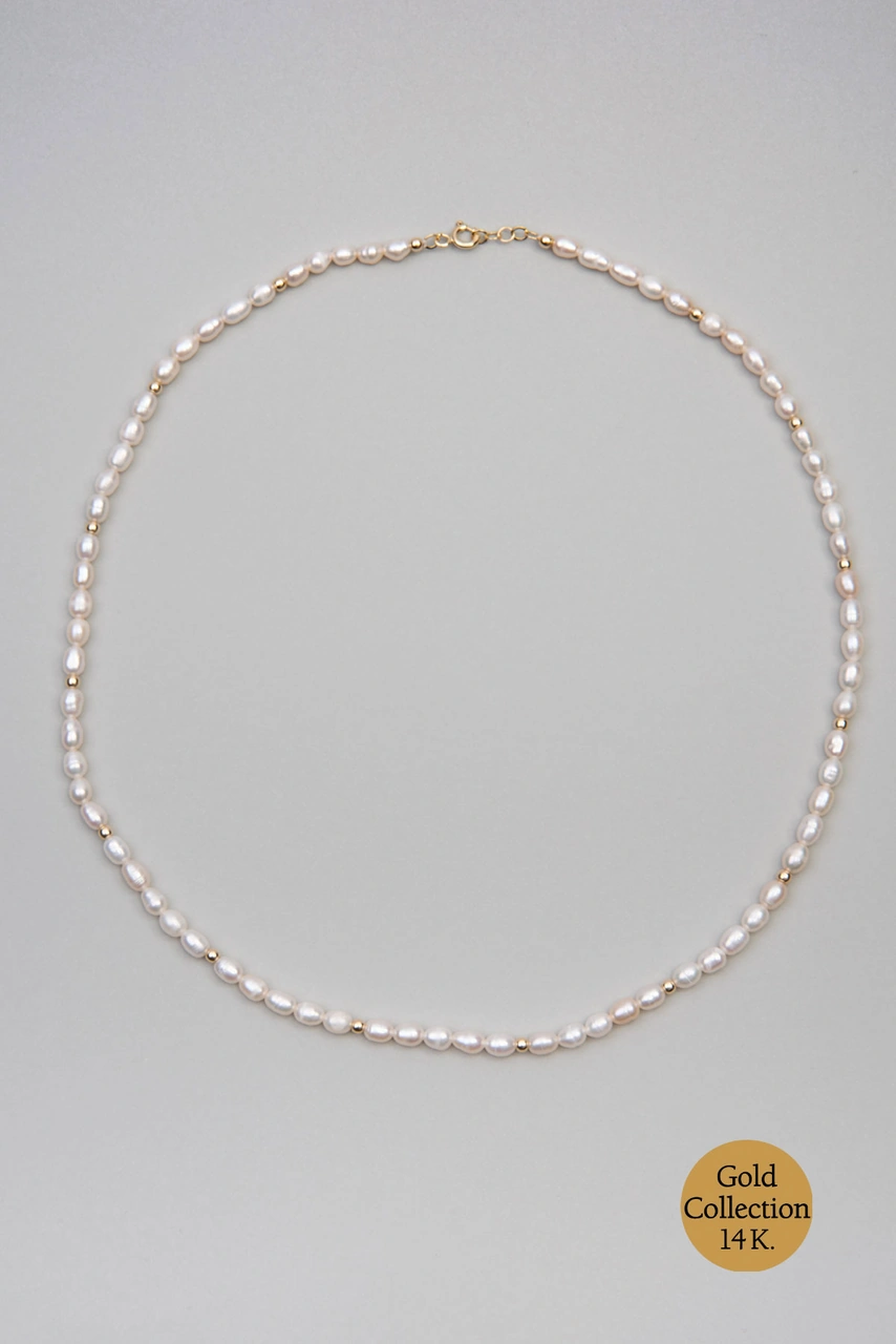 Doğal İnci Taşlı 14 Ayar Altın Kolye Sarı - Beyaz