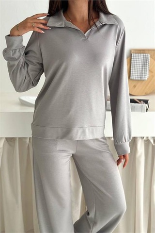 Neşeli Butik Kadın Polo Yaka Modal Uzun Kollu Eşofman Takımı Nbtg108 Açık Gri