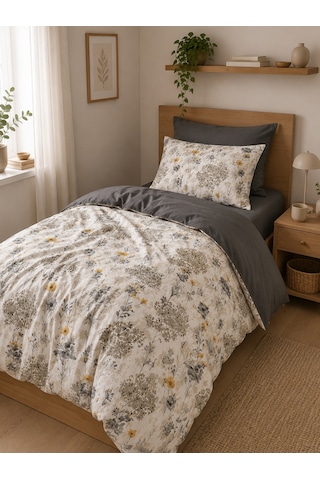 Mystory Home Tek Kişilik Lastikli Çarşaflı Nevresim Takımı Jaune Füme Füme Sarı Gri