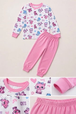 Ertaş Trend Store Kız Çocuk Premium Penye Kedi Desenli Uzun Kollu Pijama Takımı 2-11 Yaş - Pembe Çok Renkli