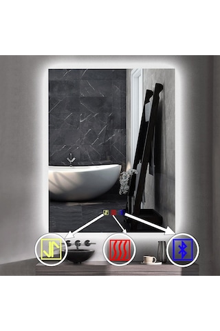 80x100 H Cm Bluetoothlu Buğu Çözücülü Dokunmatik Işıklı Ledli Banyo Aynası Şeffaf