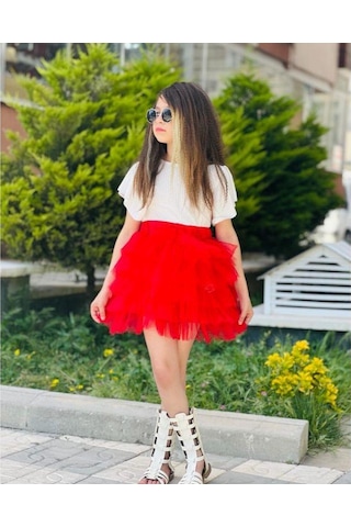 Modavals Kız Çocuk Tütü Etekli Kaşkorse Bluzlu Kombin - Kırmızı