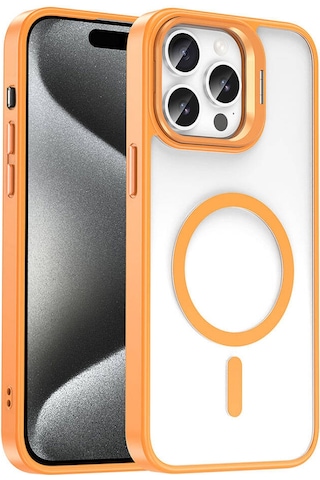 Goocamp Apple iPhone Uyumlu 15 Pro Max Kılıf Magsafe Şarj Özellikli Standlı Magsafe Klon Lensli K Turuncu