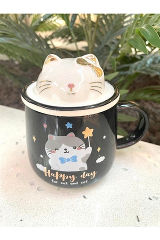 Kawai 3d Kedi Kapaklı Kaşıklı Kupa Bardak Siyah