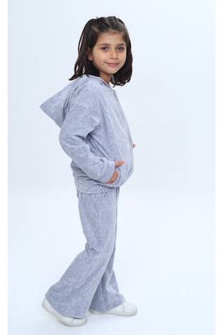 Toontoy Kids Toontoy Kız Çocuk 2'li Takım Kapüşonlu Fermuarlı Cepli Sweatshirt & Beli Lastikli Bol Paça Eşofman Altı - Kadife Kahve