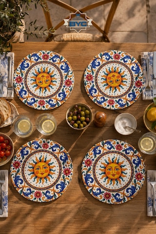 Sole Mio Güneş Desenli 4'lü Supla Set Akdeniz & Sicilya Temalı 30 Cm, 3 Mm Mdf, Uv Baskı, Masa S Çok Renkli
