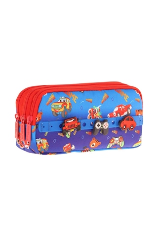 Kaukko Kids Mavi Kırmızı, Arabalar, Erkek Çocuk Üç Bölmeli Okul Kalem Çantası - L8258 Mavi - Kırmızı