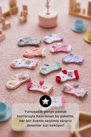 Socketta 5'li Karışık Renkli Sürpriz Paket Kız Bebek Pamuk Desenli Soket Çorap - Premium Çok Renkli