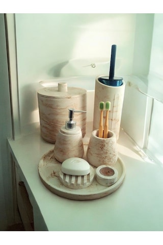 Mermer Desen Bej Beton Banyo Seti,tuvalet Fırçası,çöp Kovası,katı,sıvı Sabunluk,sunum Tepsi,mumluk. Bej