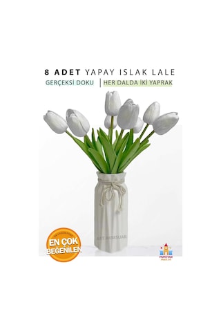 Beyaz Gerçeksi Dokulu Yapay Lale Buketi - 8 Li Islak Lale Seti, 32 Cm Beyaz
