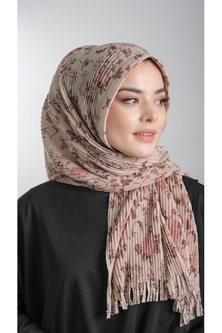 Bej Pratik Hazır Geçmeli Tesettür Eşarp Kesik Elyaf Piliseli Çiçe (553629989) Bej