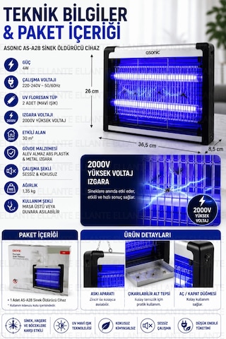 Asonıc Elektrikli Uv Sinek Öldürücü Cihaz 2000v Yüksek Voltajlı 4w 2 Uv Floresan Tüplü Sessiz Çalışm