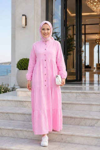Hb Harma Time Butik Kadın Düğmeli Kat Detaylı Keten Pembe Elbise