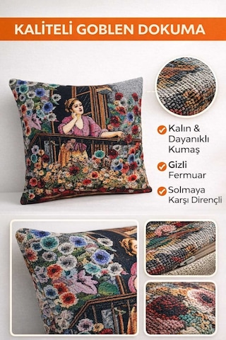 Goblen Balkondaki Kadın Desen Kırlent Kılıf Kahverengi
